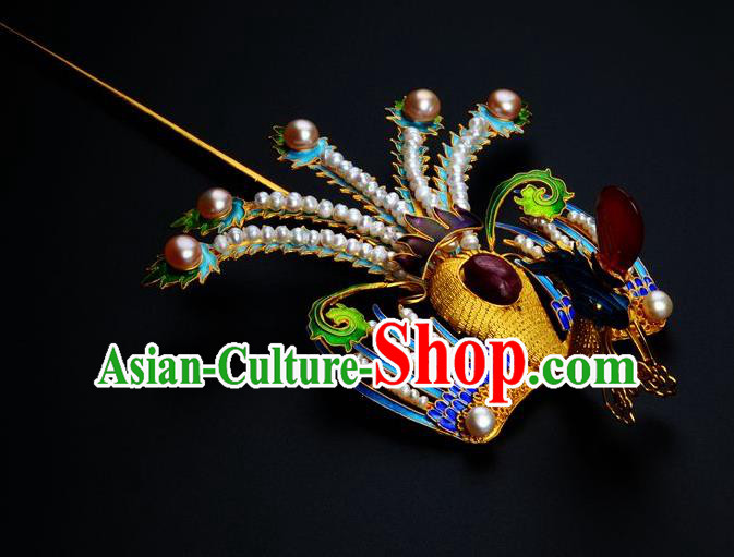 Traditional China Ancient Empress Cloisonne Phoenix Hairpin Handmade Hair Ornament Qing Dynasty Palace Pearls Hair Stick