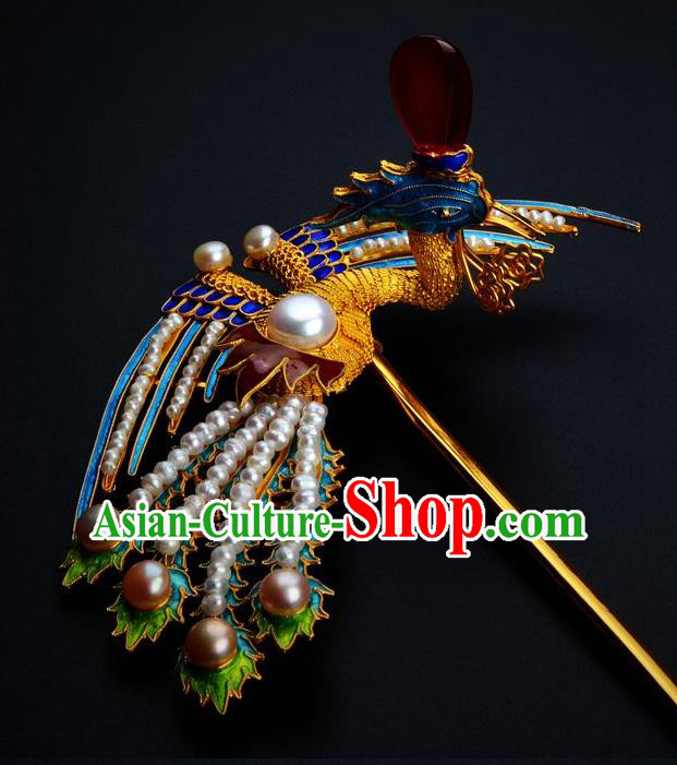 Traditional China Handmade Hair Ornament Qing Dynasty Palace Pearls Hair Stick Ancient Empress Cloisonne Phoenix Hairpin