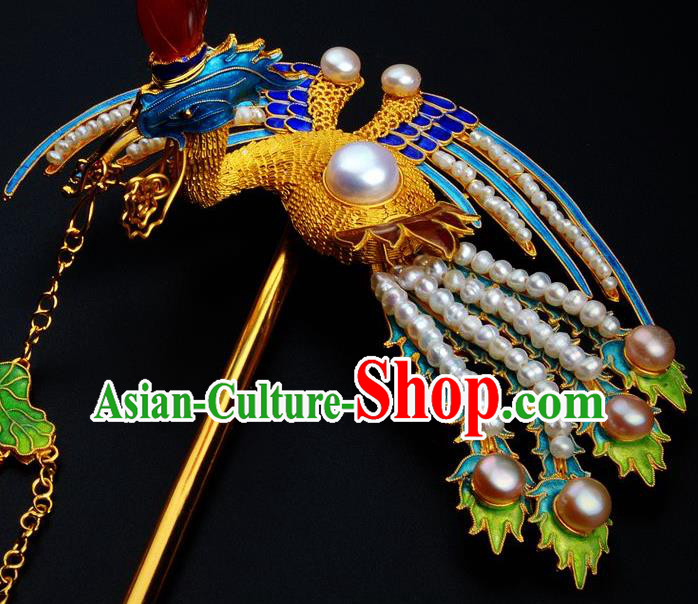 Traditional China Handmade Hair Ornament Qing Dynasty Palace Pearls Hair Stick Ancient Empress Cloisonne Phoenix Hairpin