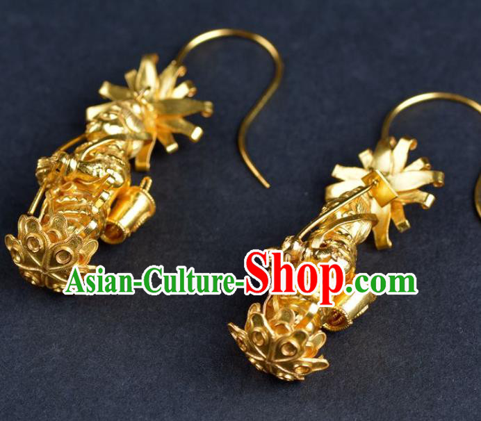 Handmade Chinese Ancient Empress Ear Jewelry Traditional Ming Dynasty Court Golden Earrings Accessories