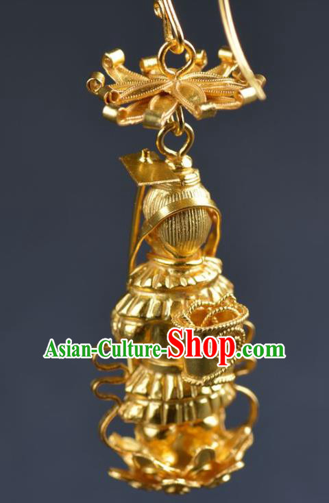 Handmade Chinese Ancient Empress Ear Jewelry Traditional Ming Dynasty Court Golden Earrings Accessories