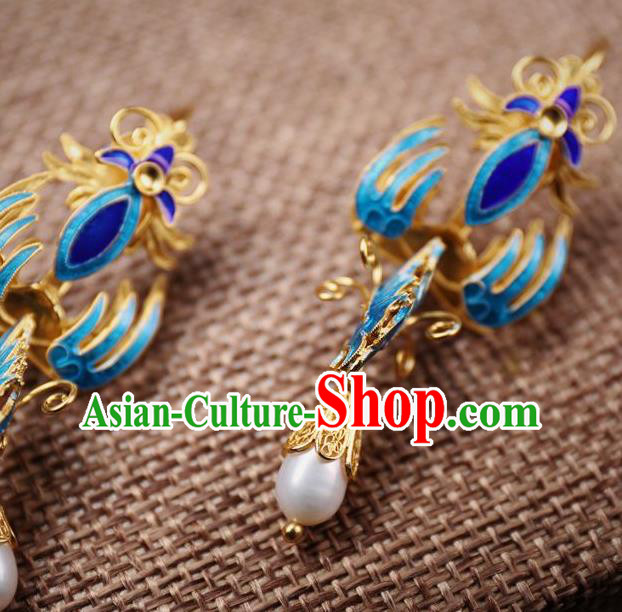 Handmade Chinese Ancient Empress Blueing Phoenix Ear Jewelry Traditional Qing Dynasty Court Pearl Earrings Accessories