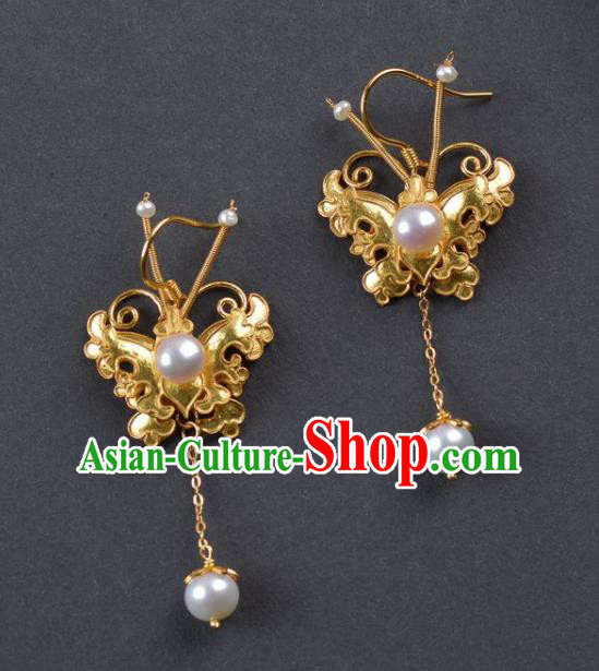 Handmade Chinese Ancient Empress Pearls Ear Jewelry Traditional Qing Dynasty Court Golden Butterfly Earrings Accessories