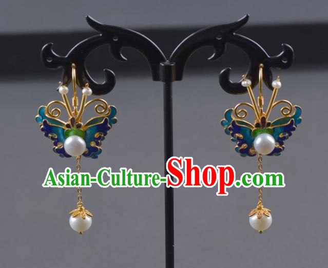 Handmade Chinese Traditional Qing Dynasty Court Blueing Butterfly Earrings Accessories Ancient Empress Pearls Ear Jewelry