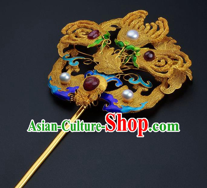 Traditional China Ancient Empress Filigree Bat Hairpin Handmade Hair Ornament Qing Dynasty Palace Ruby Golden Hair Stick
