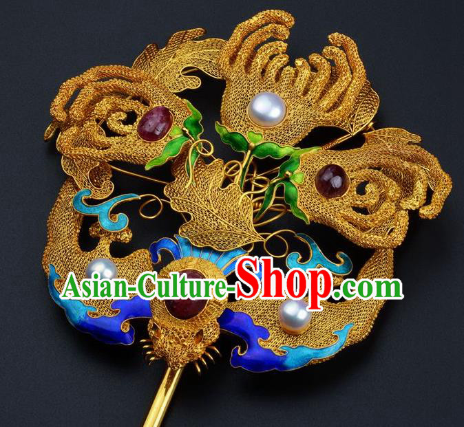 Traditional China Ancient Empress Filigree Bat Hairpin Handmade Hair Ornament Qing Dynasty Palace Ruby Golden Hair Stick