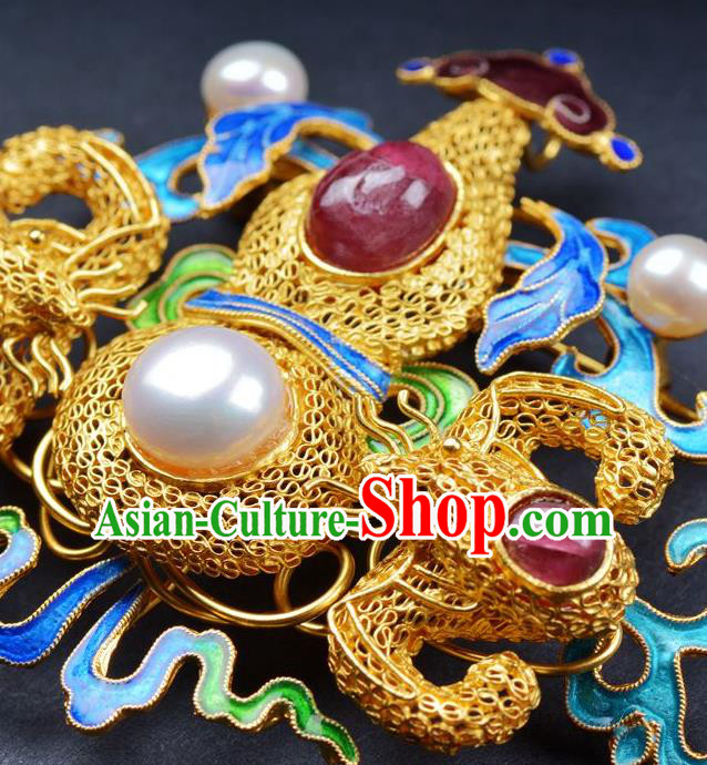 Handmade Chinese Traditional Qing Dynasty Gems Breastpin Accessories Ancient Empress Golden Filigree Gourd Brooch Jewelry