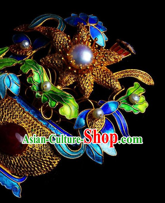 Handmade Chinese Traditional Qing Dynasty Filigree Breastpin Pearls Accessories Ancient Empress Cloisonne Brooch Jewelry