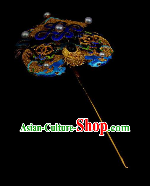Traditional China Ancient Empress Cloisonne Pearls Hairpin Handmade Hair Ornament Qing Dynasty Palace Golden Bat Hair Stick
