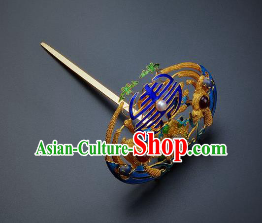 Traditional China Qing Dynasty Palace Cloisonne Hair Crown Handmade Hair Ornament Ancient Empress Gems Hairpin