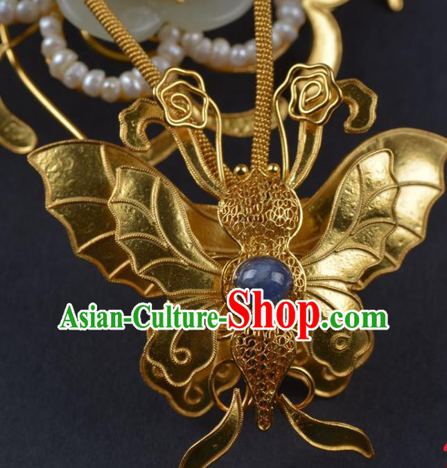 China Traditional Qing Dynasty Jade Flower Hair Stick Handmade Pearls Hair Jewelry Ancient Empress Golden Butterfly Hairpin