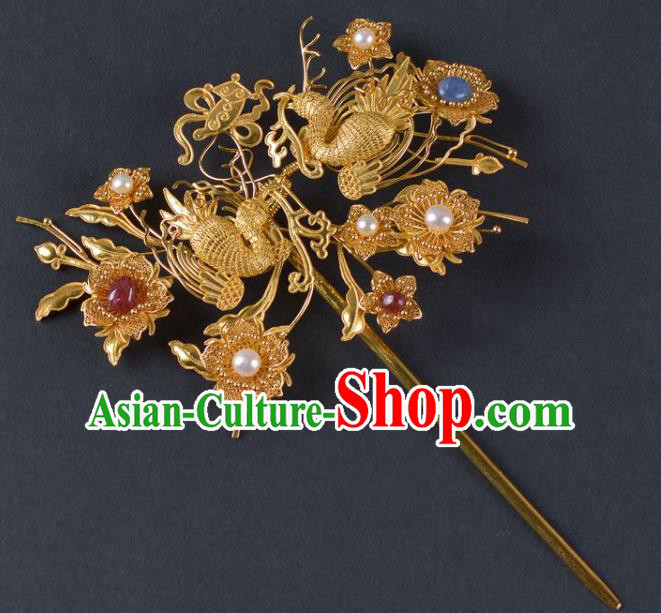China Traditional Qing Dynasty Palace Golden Phoenix Hair Stick Ancient Empress Pearls Hairpin Handmade Hair Jewelry