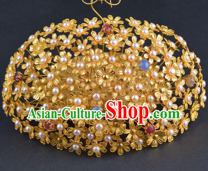 China Traditional Tang Dynasty Princess Pearls Hair Crown Handmade Hair Jewelry Ancient Hanfu Golden Hairpin Phoenix Coronet