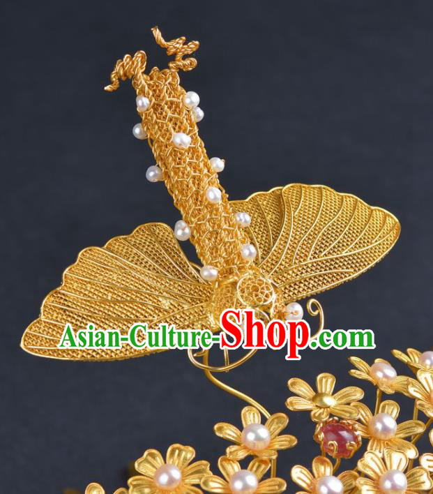 China Traditional Tang Dynasty Princess Pearls Hair Crown Handmade Hair Jewelry Ancient Hanfu Golden Hairpin Phoenix Coronet
