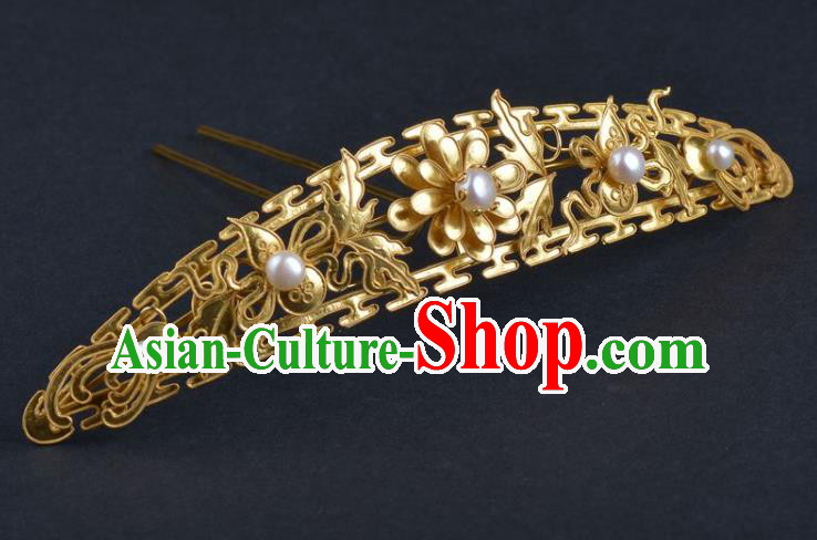 China Ancient Hanfu Golden Hairpin Traditional Qing Dynasty Princess Hair Crown Handmade Hair Jewelry