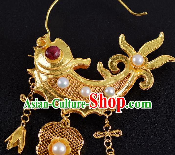 Handmade Chinese Ancient Empress Jewelry Pearls Earrings Traditional Ming Dynasty Court Golden Carp Accessories