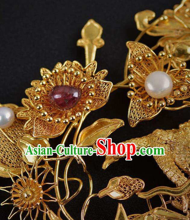 China Handmade Hair Jewelry Ancient Empress Pearls Tassel Hairpin Traditional Qing Dynasty Palace Golden Phoenix Hair Stick