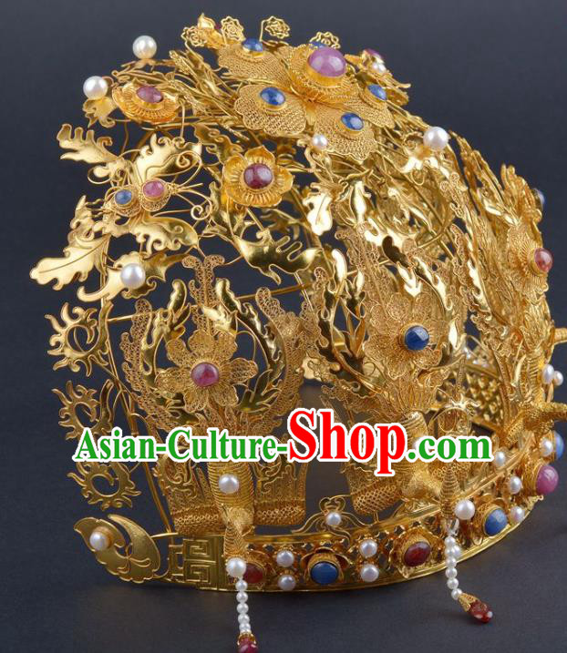 China Ancient Queen Gems Golden Hair Crown Handmade Hair Jewelry Traditional Ming Dynasty Empress Pearls Tassel Phoenix Coronet