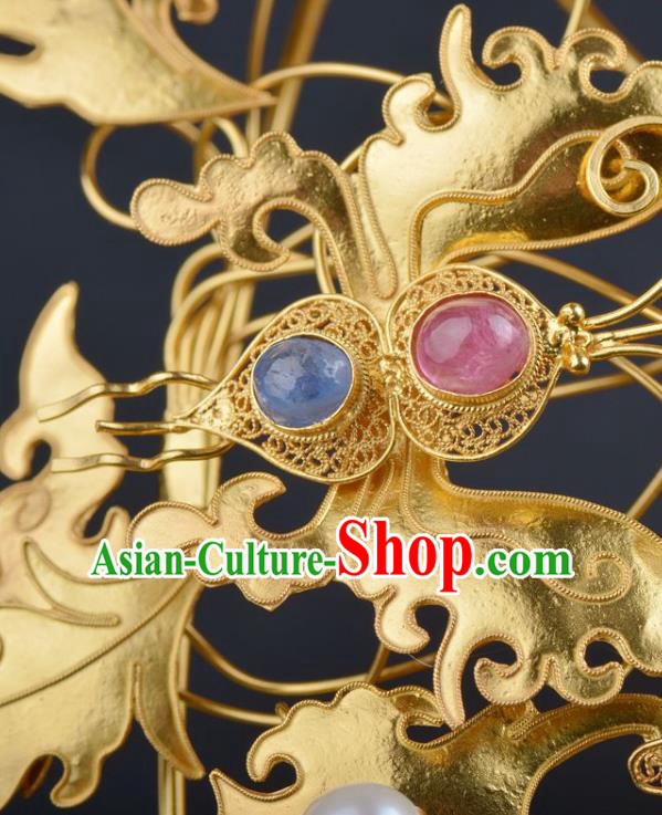 China Ancient Queen Gems Golden Hair Crown Handmade Hair Jewelry Traditional Ming Dynasty Empress Pearls Tassel Phoenix Coronet