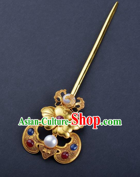 China Handmade Hair Jewelry Traditional Qing Dynasty Palace Gems Bat Hairpin Ancient Empress Golden Peony Hair Stick