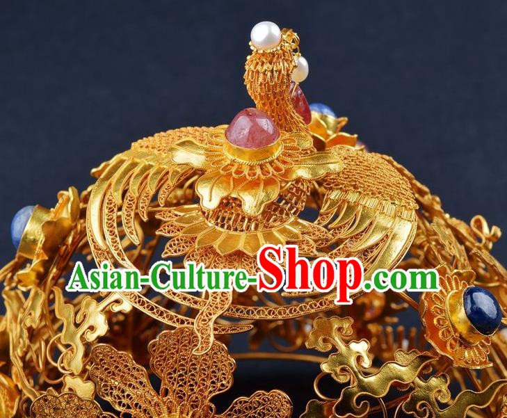 China Ancient Empress Gems Hair Crown Handmade Palace Hair Jewelry Traditional Ming Dynasty Hairpin Coronet