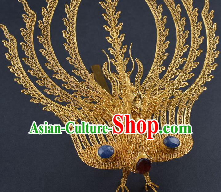 Traditional China Ancient Empress Sapphire Hairpin Handmade Palace Hair Ornament Ming Dynasty Filigree Phoenix Hair Crown
