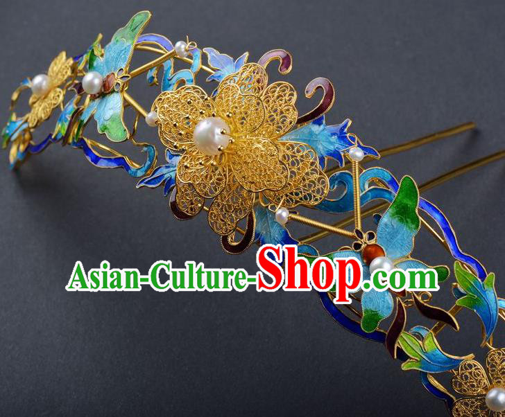 Traditional China Ancient Empress Filigree Golden Hairpin Handmade Palace Hair Ornament Qing Dynasty Enamel Butterfly Hair Crown