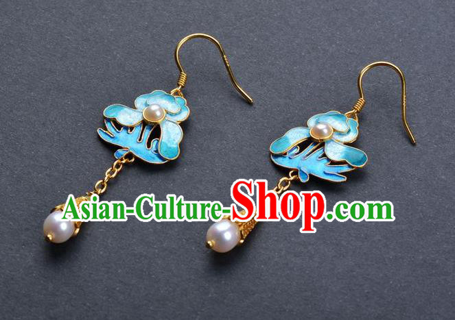 Handmade Chinese Enamel Peony Earrings Ancient Empress Pearl Jewelry Traditional Qing Dynasty Court Ear Accessories