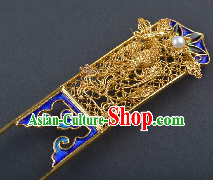 Traditional China Qing Dynasty Blueing Hair Stick Handmade Palace Hair Ornament Ancient Empress Filigree Phoenix Hairpin