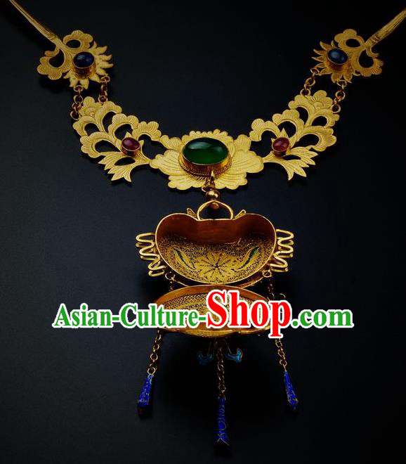 Handmade Chinese Traditional Ming Dynasty Golden Lotus Necklace Accessories Ancient Empress Gems Necklet Jewelry