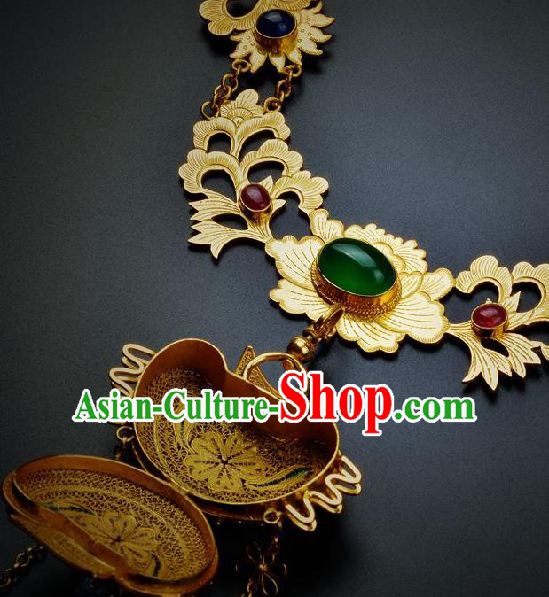 Handmade Chinese Traditional Ming Dynasty Golden Lotus Necklace Accessories Ancient Empress Gems Necklet Jewelry