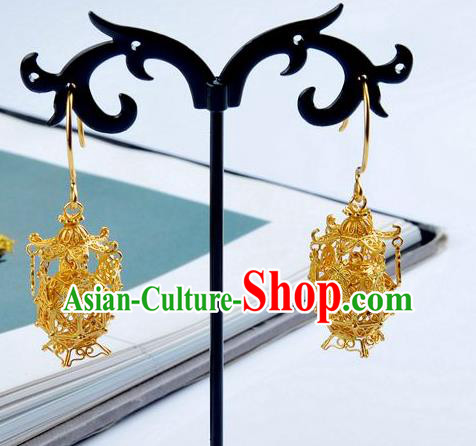 Handmade Chinese Traditional Ming Dynasty Filigree Golden Accessories Ancient Empress Lantern Earrings Jewelry