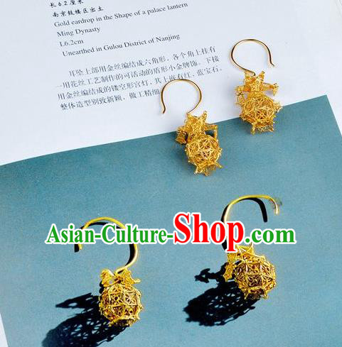 Handmade Chinese Traditional Ming Dynasty Filigree Golden Accessories Ancient Empress Lantern Earrings Jewelry
