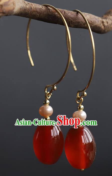 Handmade Chinese Ancient Empress Pearl Earrings Traditional Wedding Agate Ear Accessories