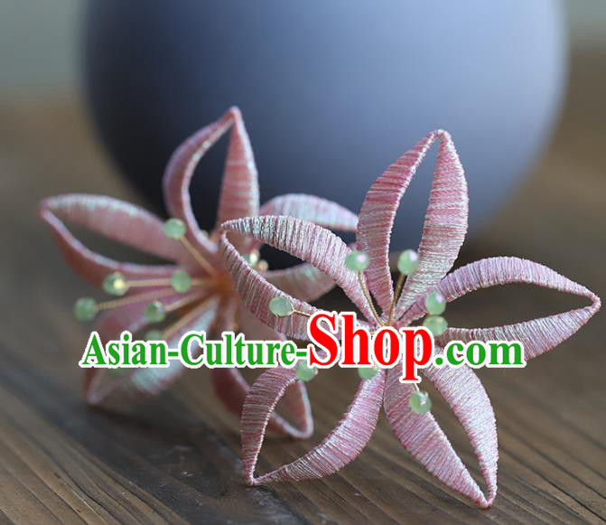 Chinese Traditional Hanfu Pink Silk Flower Hairpin Wedding Hair Accessories Ancient Bride Hair Stick