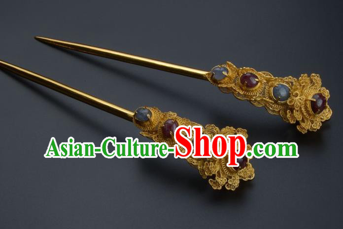 Traditional China Ming Dynasty Palace Gems Hair Stick Handmade Hair Ornament Ancient Empress Golden Peony Hairpin