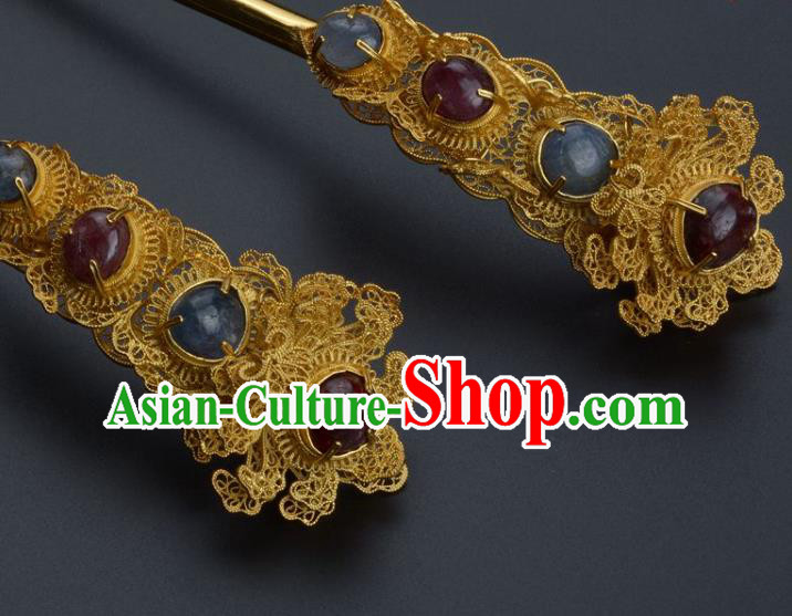 Traditional China Ming Dynasty Palace Gems Hair Stick Handmade Hair Ornament Ancient Empress Golden Peony Hairpin