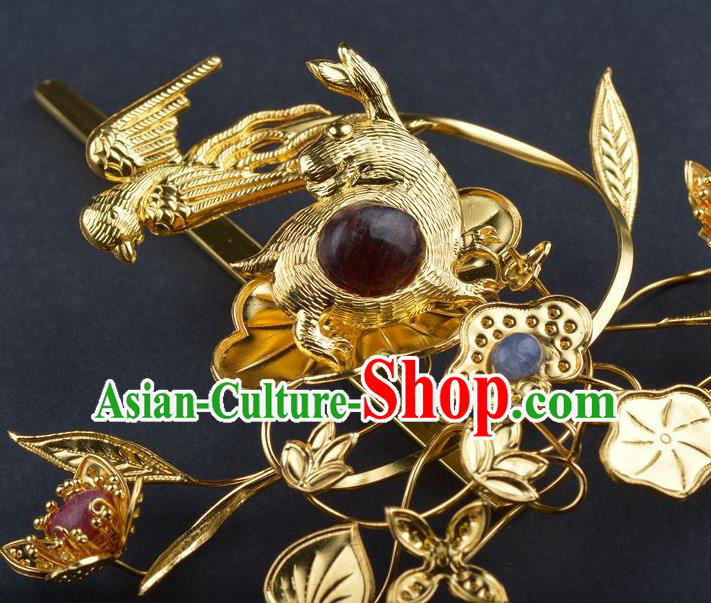 Traditional China Ming Dynasty Palace Ruby Hairpin Handmade Hair Ornament Ancient Empress Golden Rabbit Hair Crown