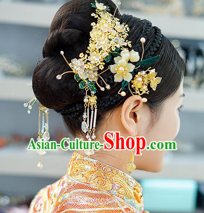 Traditional China Wedding Tassel Hairpins Ancient Empress Golden Hair Combs Handmade Hair Ornament Full Set