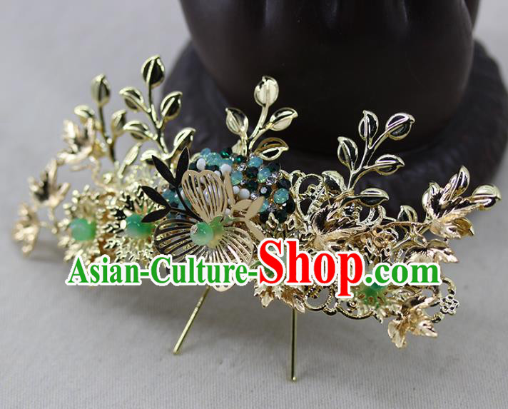 Traditional China Handmade Hair Combs Hair Ornament Wedding Tassel Hairpins Ancient Bride Green Feather Hair Sticks Full Set