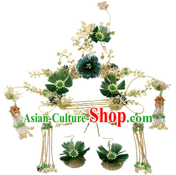 Traditional China Handmade Hair Combs Hair Ornament Wedding Tassel Hairpins Ancient Bride Green Feather Hair Sticks Full Set