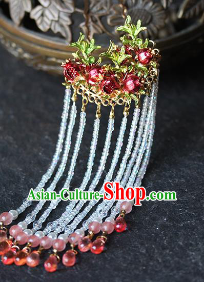 Chinese Hanfu Beads Tassel Hairpins Traditional Wedding Hair Accessories Ancient Bride Red Pomegranate Hair Stick