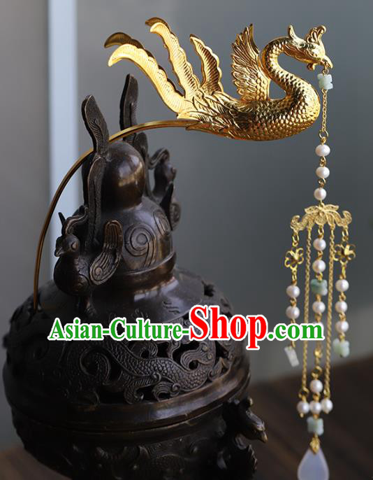 Traditional China Handmade Pearls Hair Crown Wedding Hair Ornament Ancient Bride Golden Phoenix Hairpins Full Set