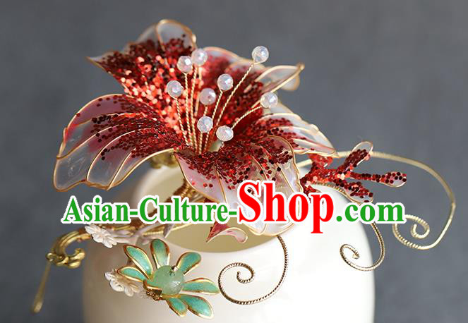 Chinese Hanfu Red Flower Hairpin Traditional Wedding Hair Accessories Ancient Bride Hair Sticks