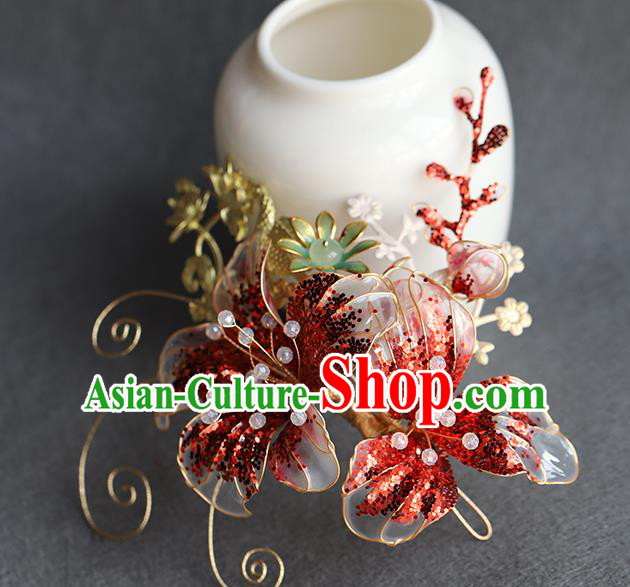 Chinese Traditional Wedding Hair Accessories Ancient Bride Hair Sticks Hanfu Red Flower Hairpin