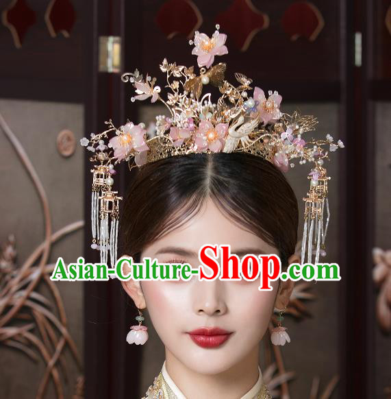 Traditional China Handmade Pink Flowers Hair Crown Ancient Bride Hairpins Phoenix Coronet Wedding Hair Ornament Full Set
