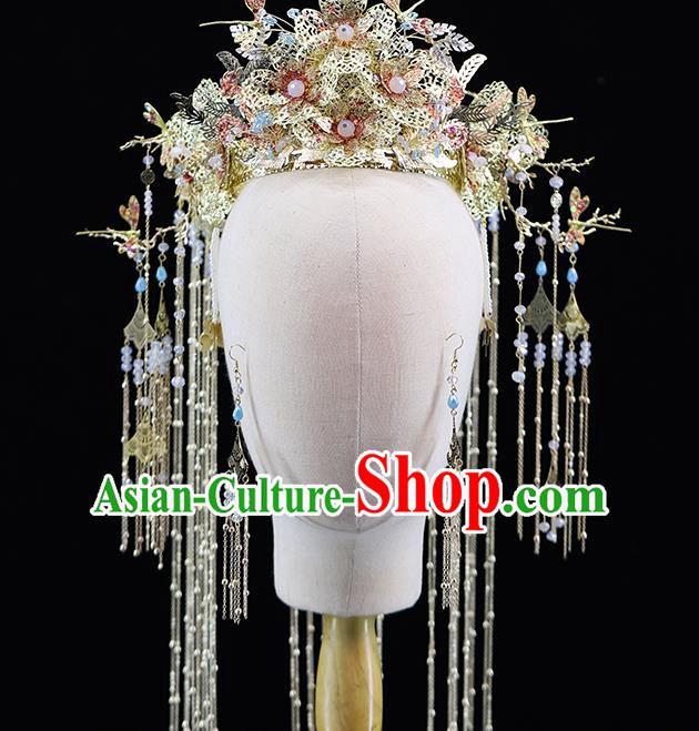 Traditional China Handmade Golden Phoenix Coronet Ancient Bride Hairpins Wedding Hair Ornament Full Set
