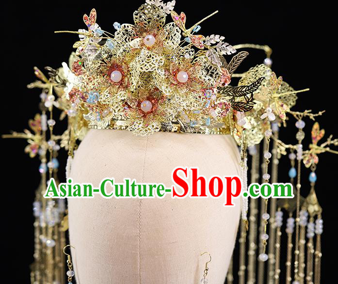 Traditional China Handmade Golden Phoenix Coronet Ancient Bride Hairpins Wedding Hair Ornament Full Set