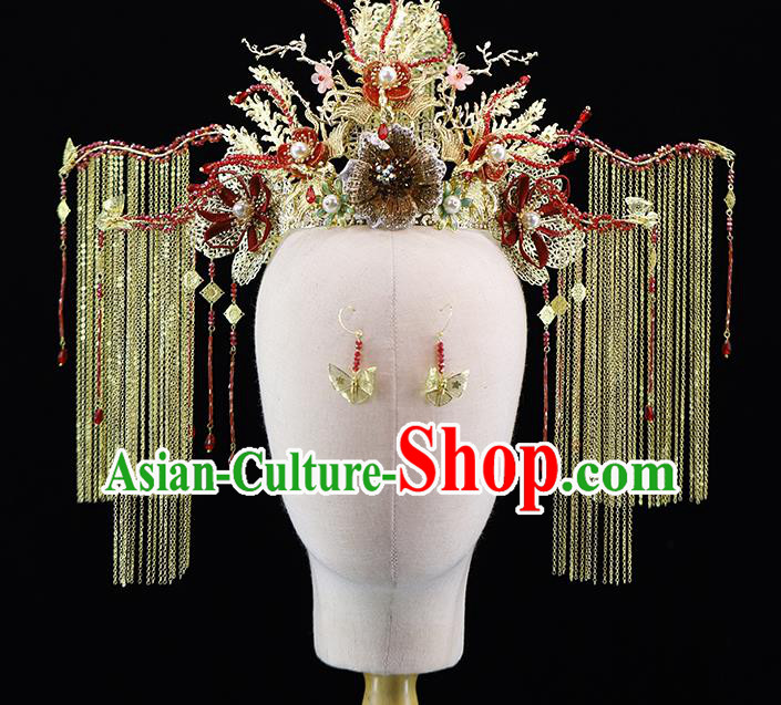 Traditional China Ancient Bride Hairpins Wedding Hair Ornament Handmade Golden Tassel Phoenix Coronet Full Set