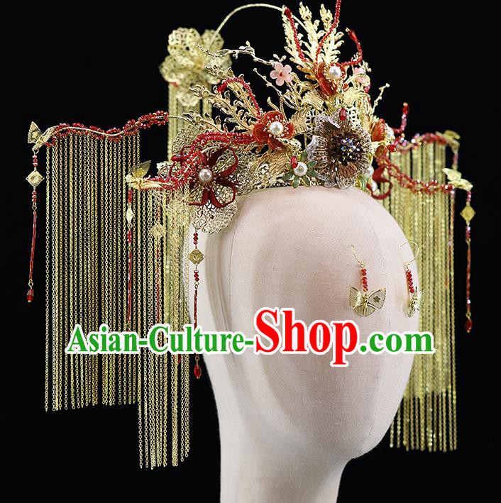 Traditional China Ancient Bride Hairpins Wedding Hair Ornament Handmade Golden Tassel Phoenix Coronet Full Set